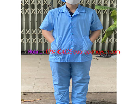 Quần Áo Vệ sinh Lao Công Silk Xanh Tay Ngắn Túi Xéo _ Túi Vuông