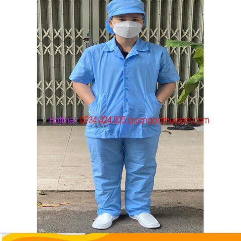 Quần Áo Vệ sinh Lao Công Silk Xanh Tay Ngắn Túi Xéo _ Túi Vuông