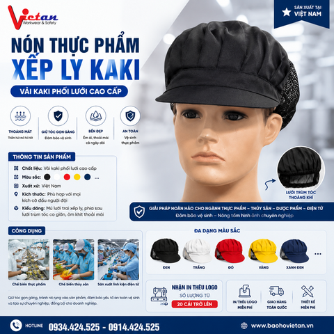Nón Thực Phẩm Xếp Ly Kaki Màu Đen VAXL-18