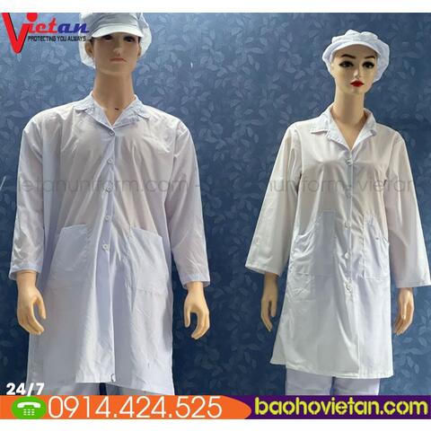 Quần Áo Y Tế Nam Nữ Vải Silk Dài Tới Mông Màu Trắng + Nón Kết Có Lưới